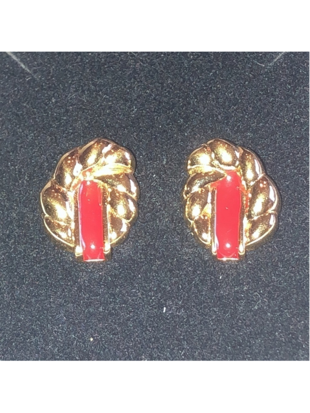 Monet Gold Tone & Red Enamel Retro Vintage Pierced Earrings